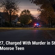 Fostoria News Police tape cordons off a neighborhood street at sunset in Monroe, Michigan.